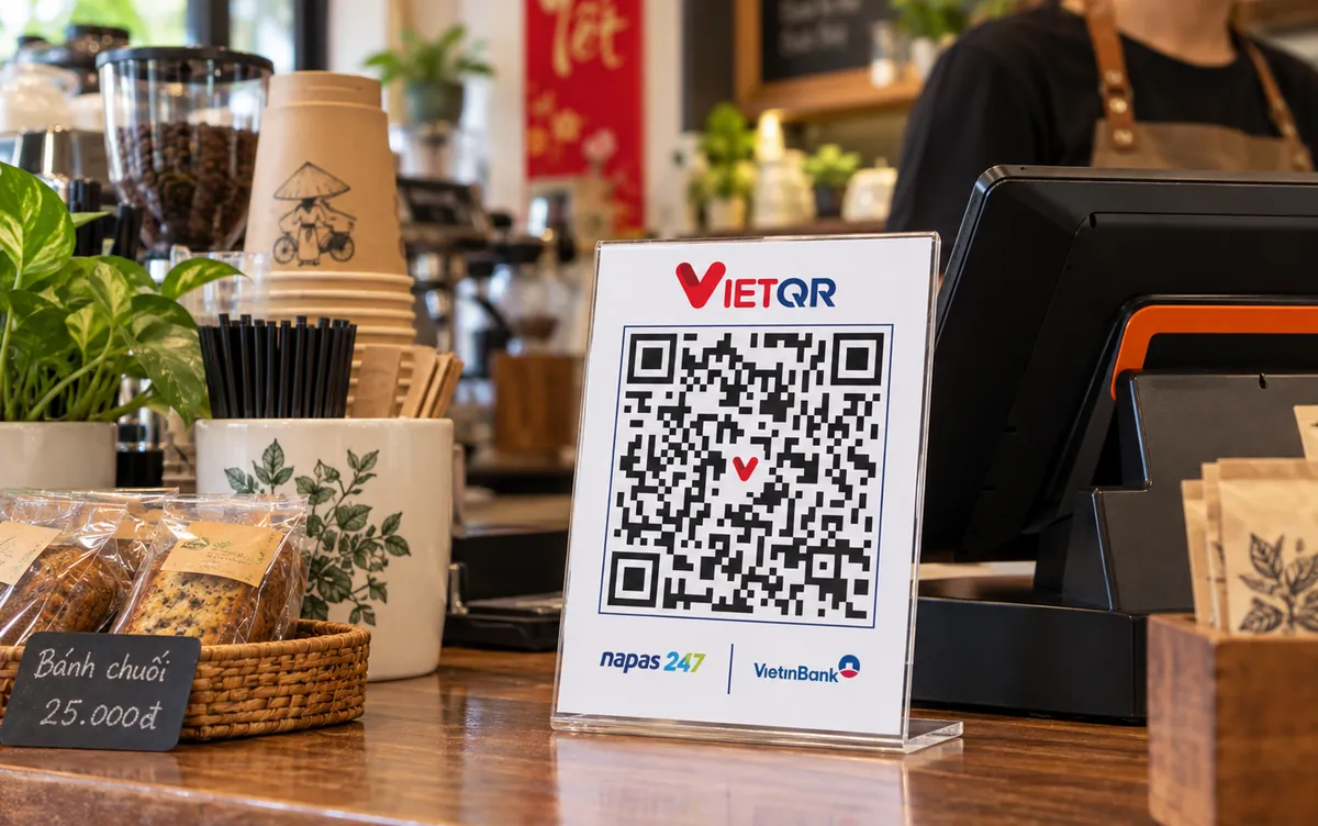 Табличка с QR-кодом VietQR на кассе кафе во Вьетнаме