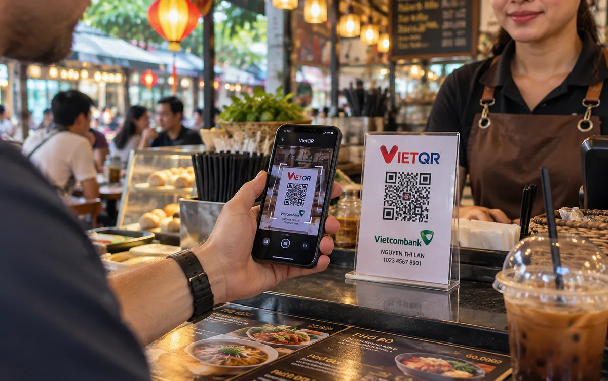 Оплата по QR-коду телефоном в кафе во Вьетнаме