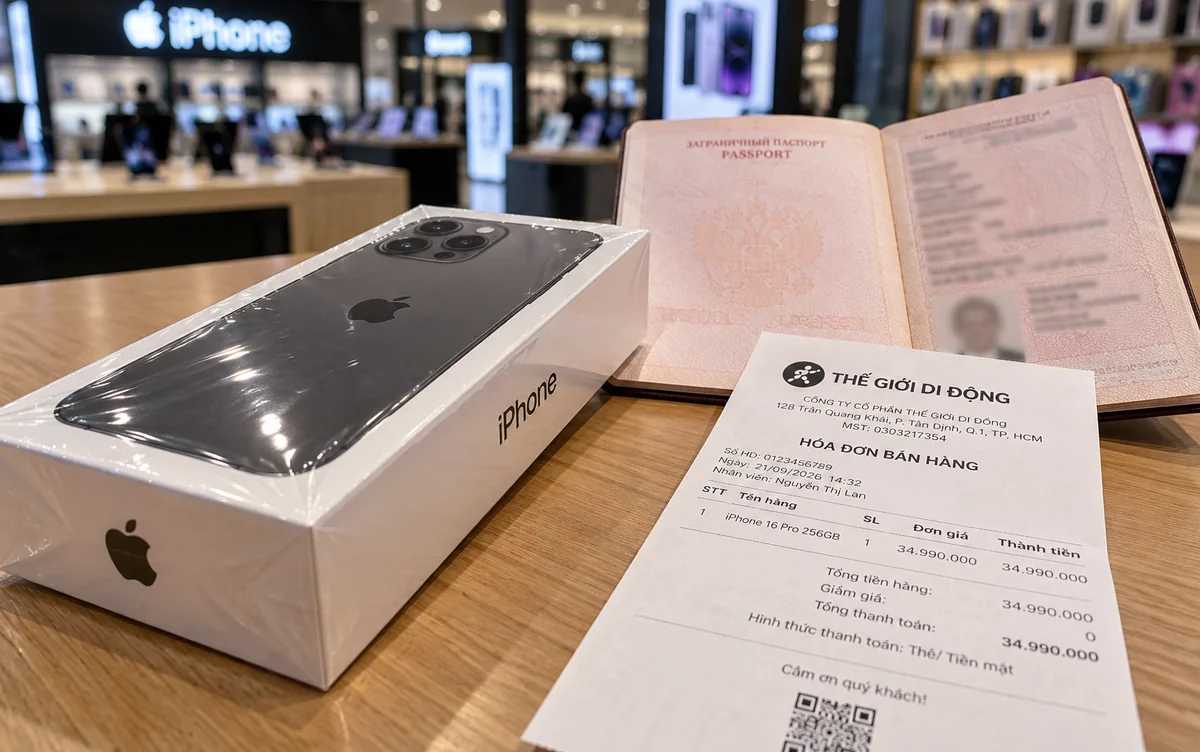 Новый iPhone в запечатанной коробке, загранпаспорт и чек магазина во Вьетнаме