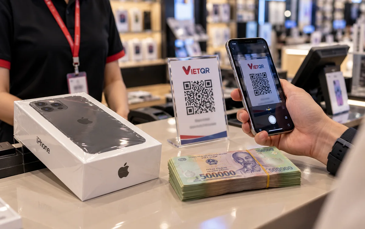 Оплата iPhone на кассе салона: пачка донгов и сканирование QR-кода VietQR телефоном