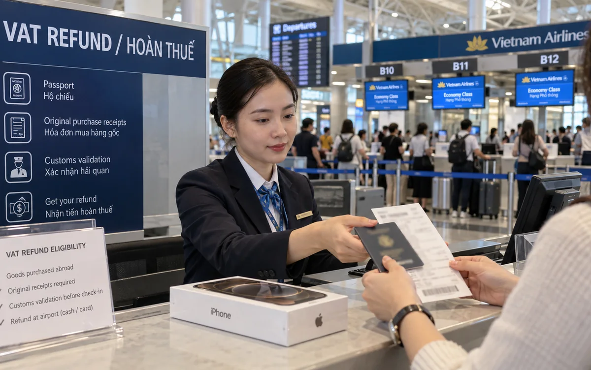 Стойка VAT Refund в зале вылета аэропорта: сотрудник принимает паспорт и чек, на стойке коробка iPhone